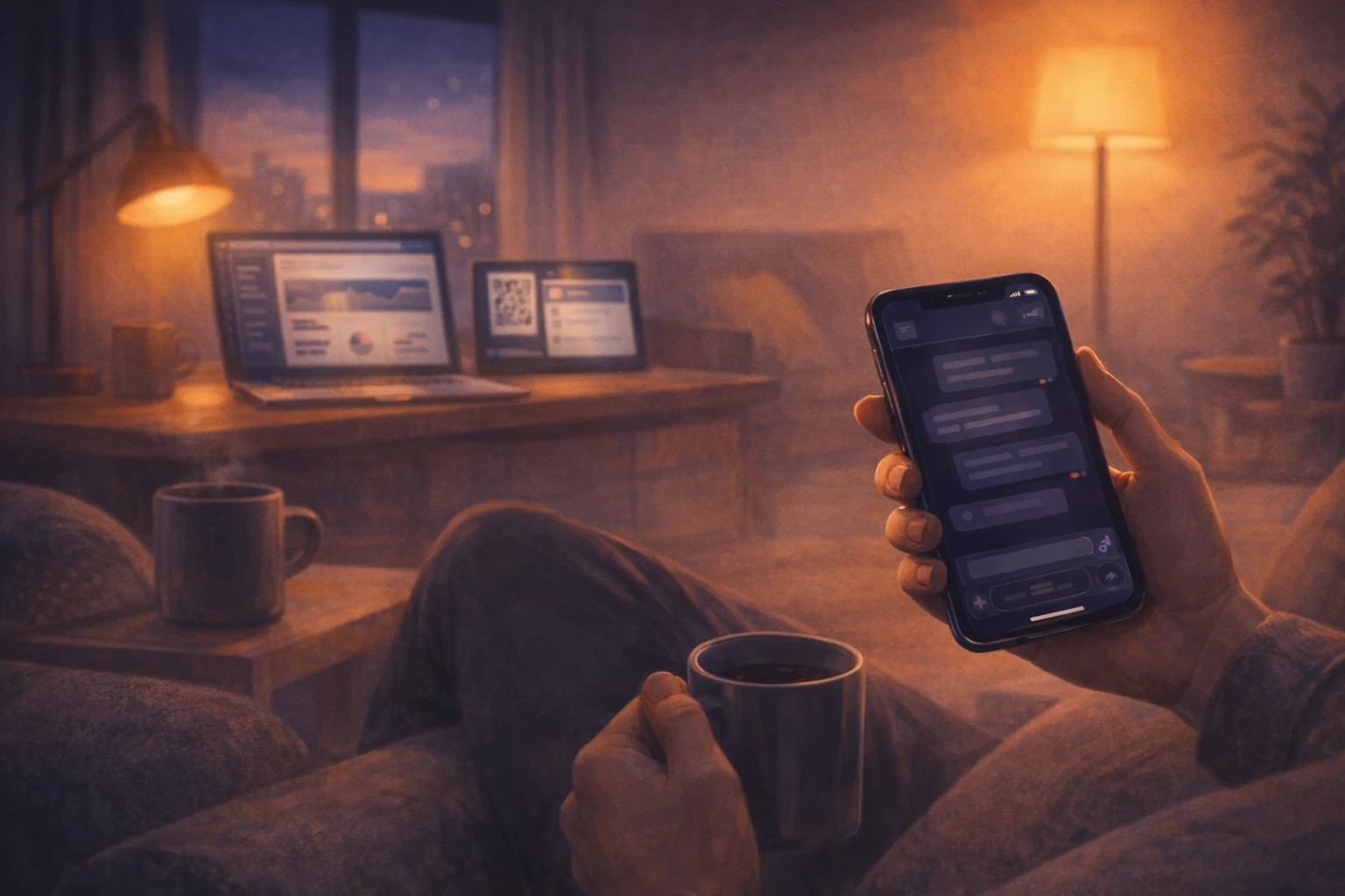 Illustration of following a Codex thread from iPhone while away from the desk