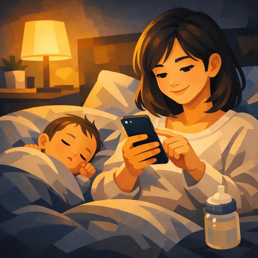 子どもが寝たあとにベッドでスマートフォンから CodexPocket を使う様子のイラスト