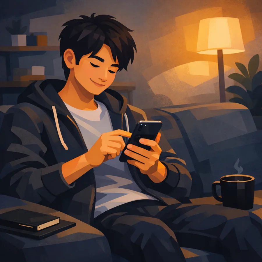 ソファでスマートフォンから CodexPocket を使う様子のイラスト